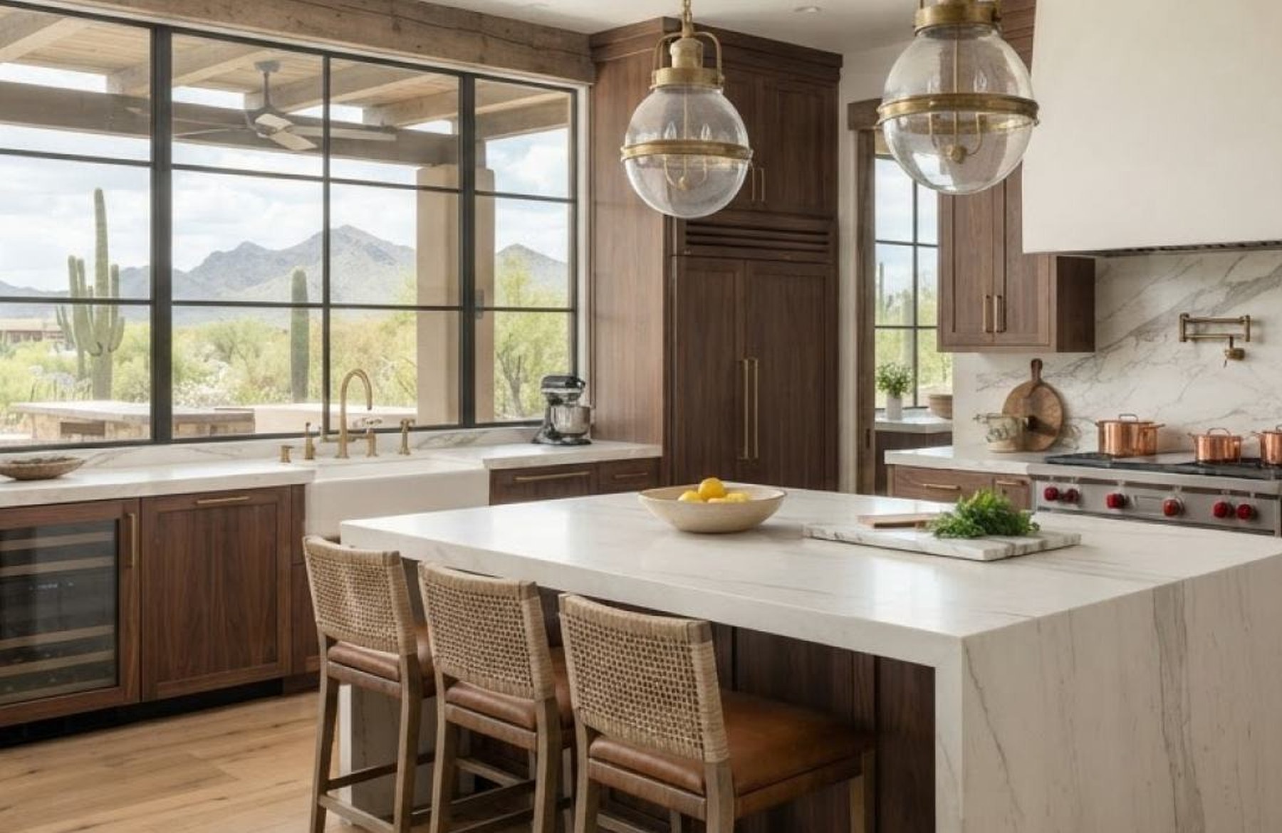 Walnut and marble kitchen with desert views in a Scottsdale residence